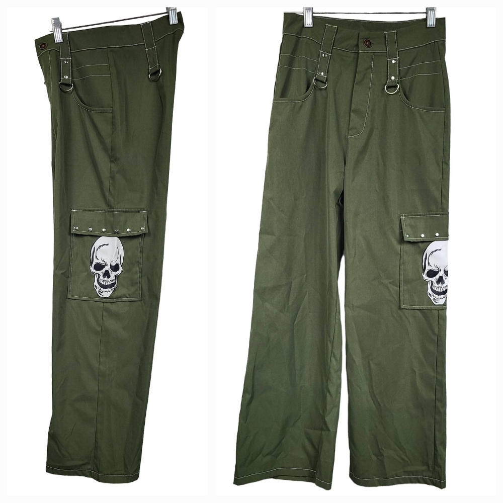 Fairycore Skull Print Cargo Pants Olive Green Wide Leg Baggy Fit Casual Fairy S